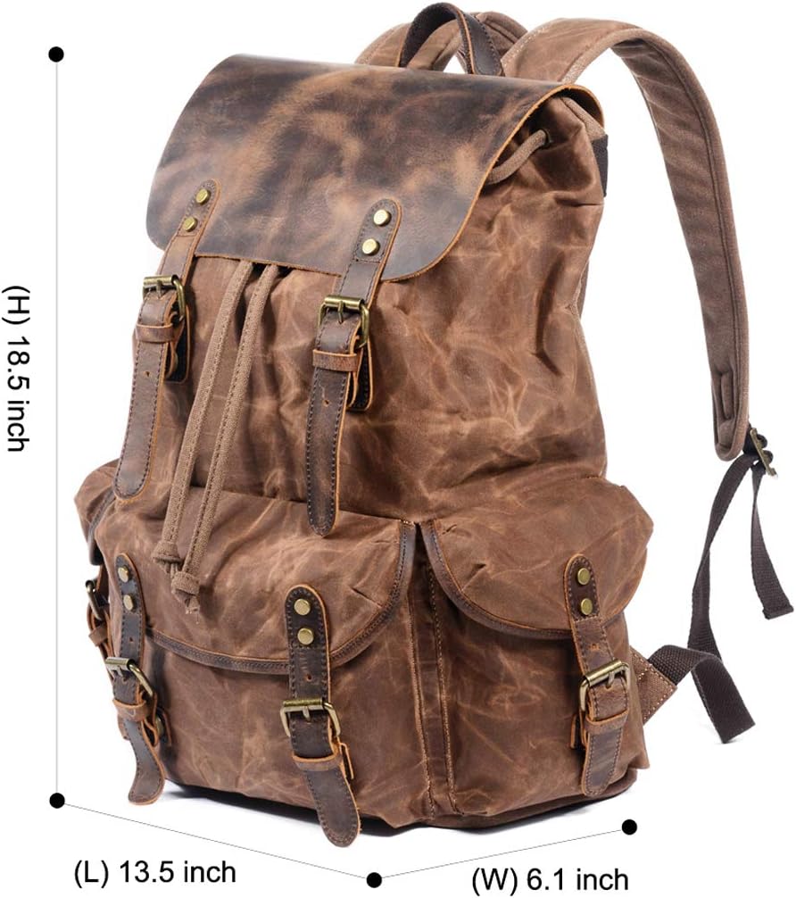 Leather Backpack for Men, Waxed Canvas Shoulder Rucksack Carry-On Travel Backpack - Image 2