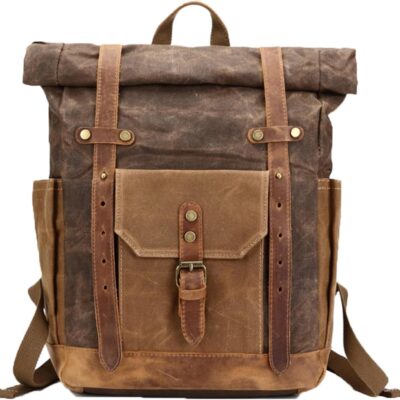 Waxed Canvas Leather Hiking Travel Waterproof Backpack for College Weekend Travel Fit 15in laptops (Coffee)