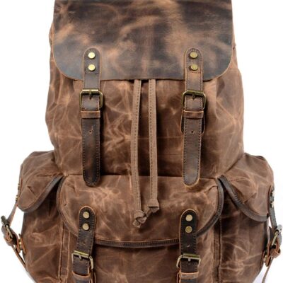 Leather Backpack for Men, Waxed Canvas Shoulder Rucksack Carry-On Travel Backpack