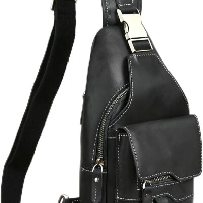 Genuine Leather Hiking Travel DayPack Sling Crossbody Triangle Chest Pack Bag For Men Women  ( Dark Black)
