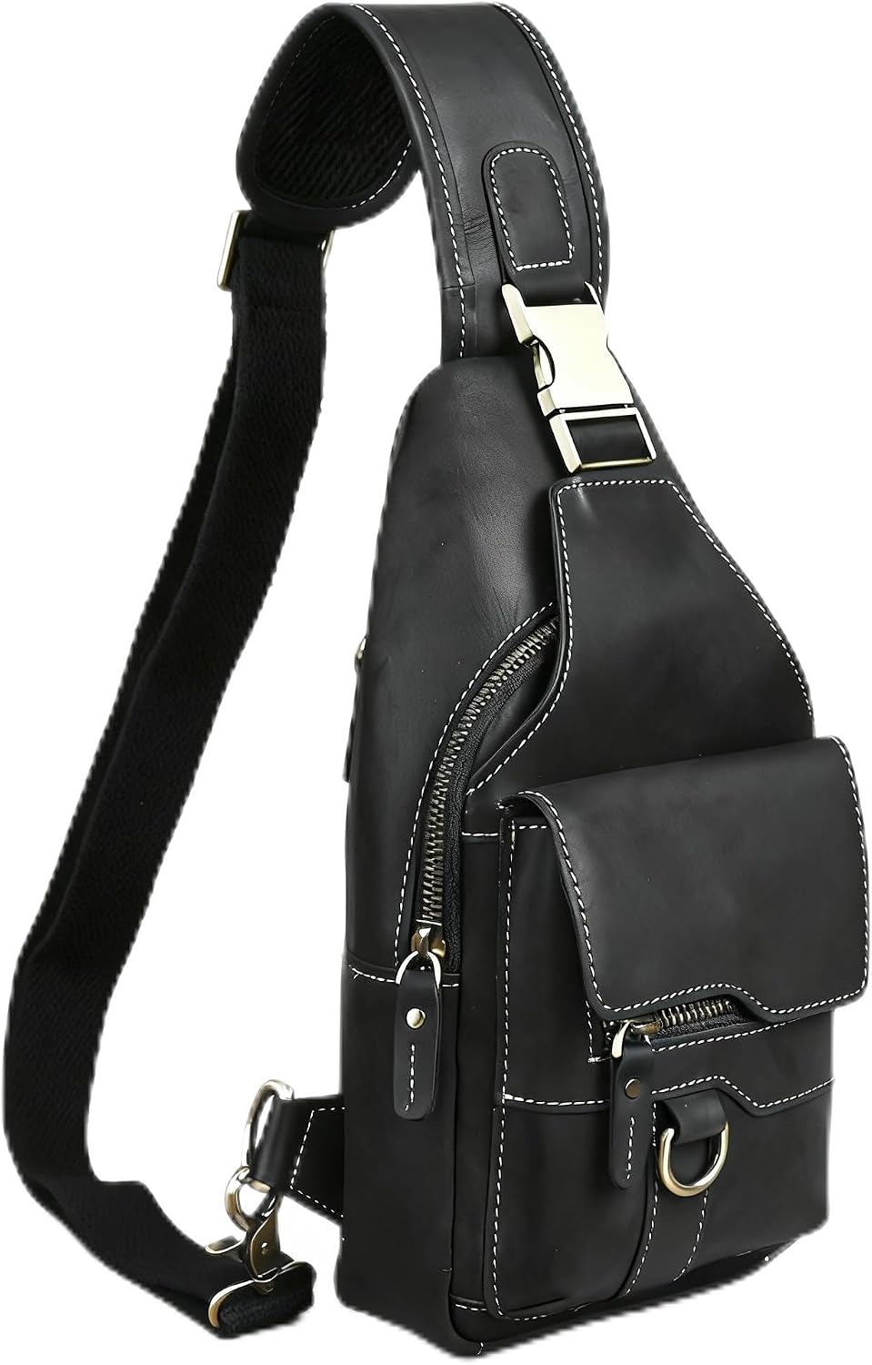 Genuine Leather Hiking Travel DayPack Sling Crossbody Triangle Chest Pack Bag For Men Women ( Dark Black)