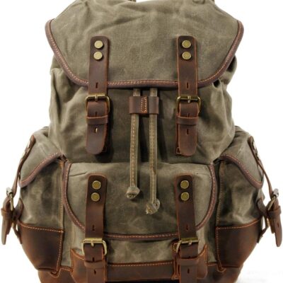 Men Travel Backpack, Genuine Leather-Waxed Canvas Shoulder Hiking Rucksack