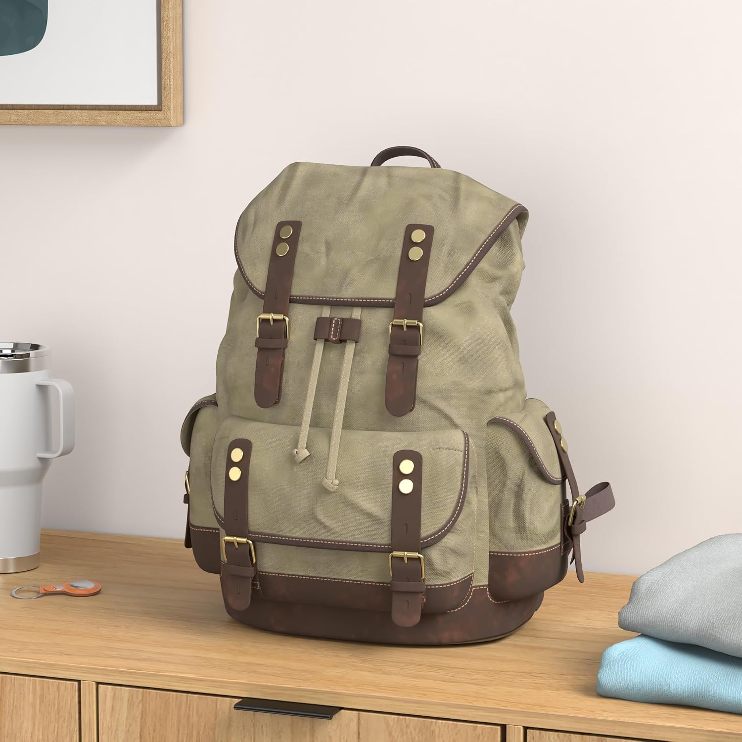 Men Travel Backpack, Genuine Leather-Waxed Canvas Shoulder Hiking Rucksack - Image 2