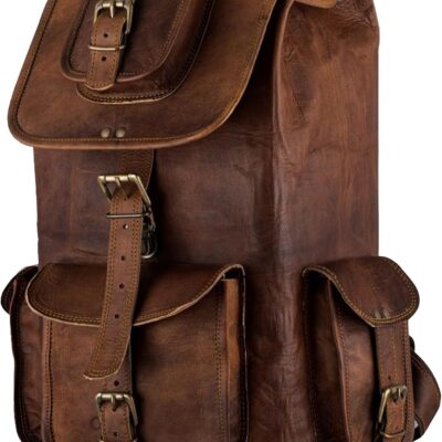 17" Vintage Leather Backpack for Men and Women With Adujstable Shoulder Straps | Unisex Brown Leather Rucksack Knapsack Camping Hiking Travel Bag