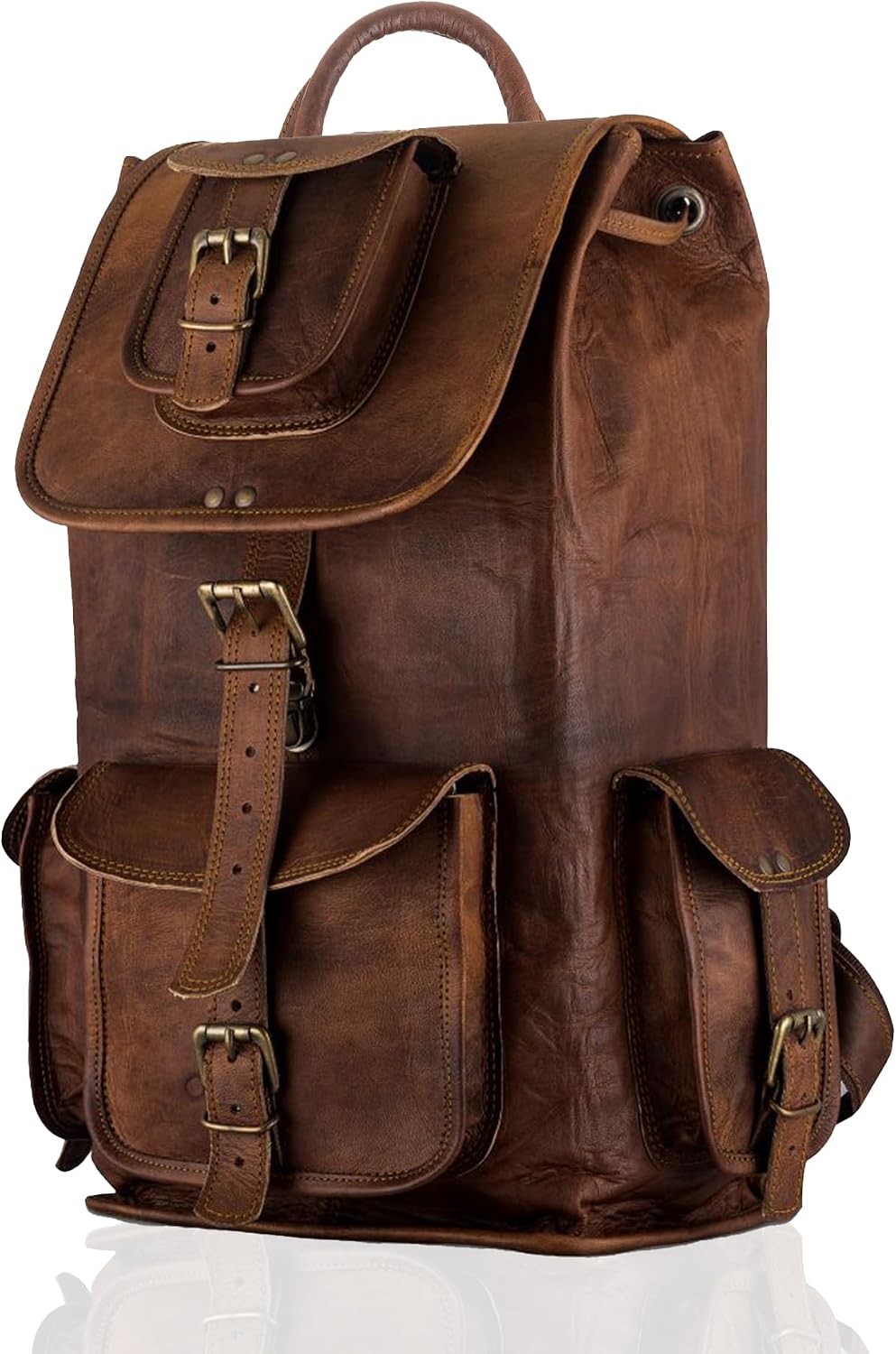 17" Vintage Leather Backpack for Men and Women With Adujstable Shoulder Straps | Unisex Brown Leather Rucksack Knapsack Camping Hiking Travel Bag