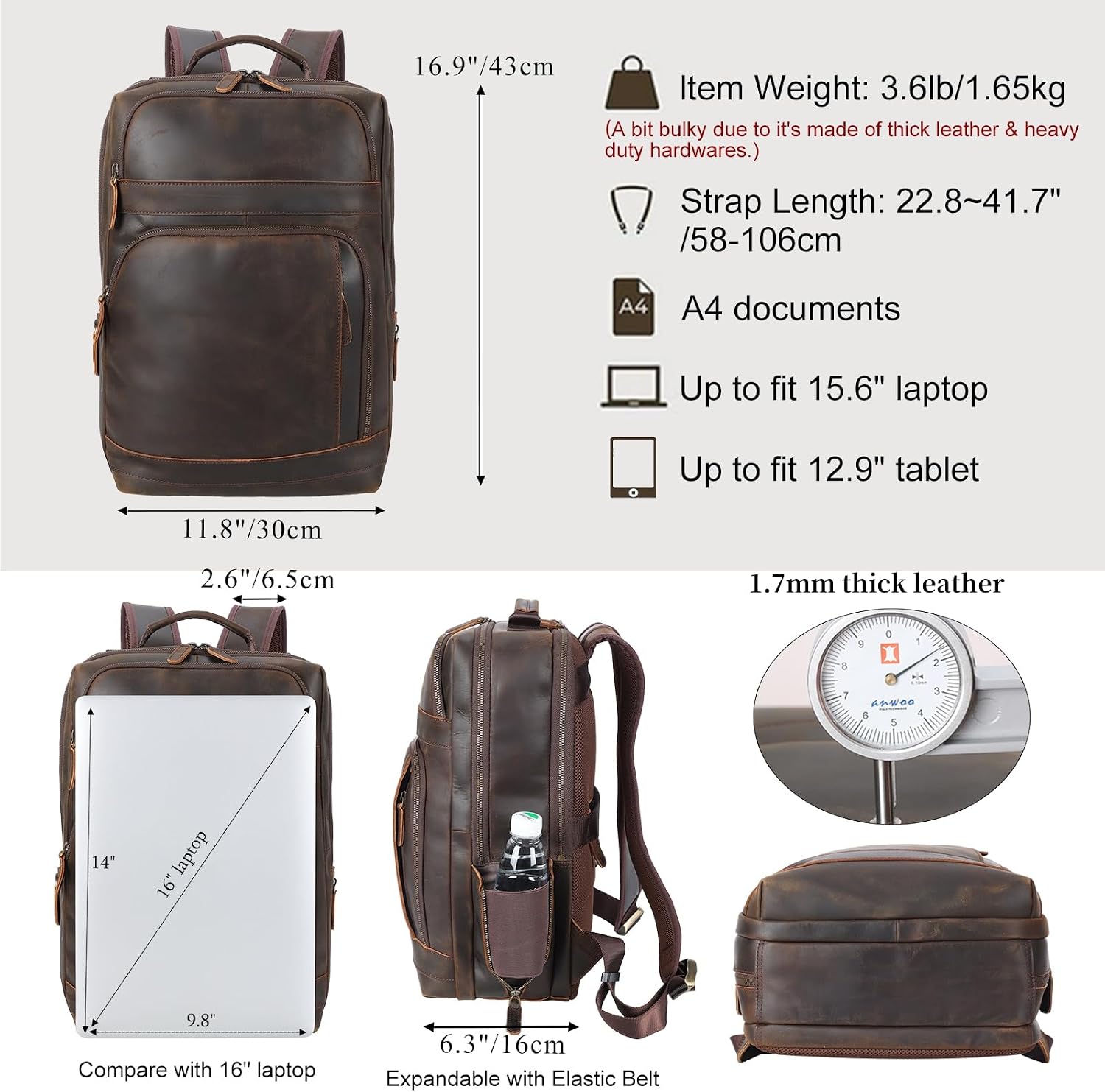 Brown Leather Laptop Backpack for Men 16 Inch Computer Work Bag - Image 2
