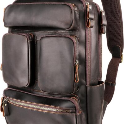 Vintage Genuine Leather Backpack for Men 17.3" Laptop Bag Full Grain Leather Backpack Travel Weekender Hiking Shoulder Daypacks Overnight Weekender Rucksack