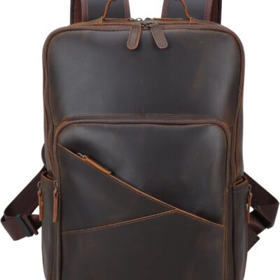 17" Premium Full Grain Leather Backpack, 15.6" Laptop Bag Large Capacity Knapsack for Business Travel Hiking Shoulder Daypacks
