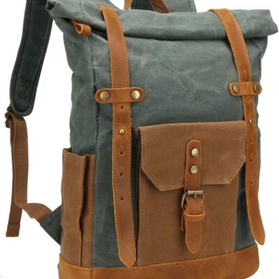 Waxed Canvas Leather Roll Top Backpack for 15.6 inch Laptop Men Travel Work