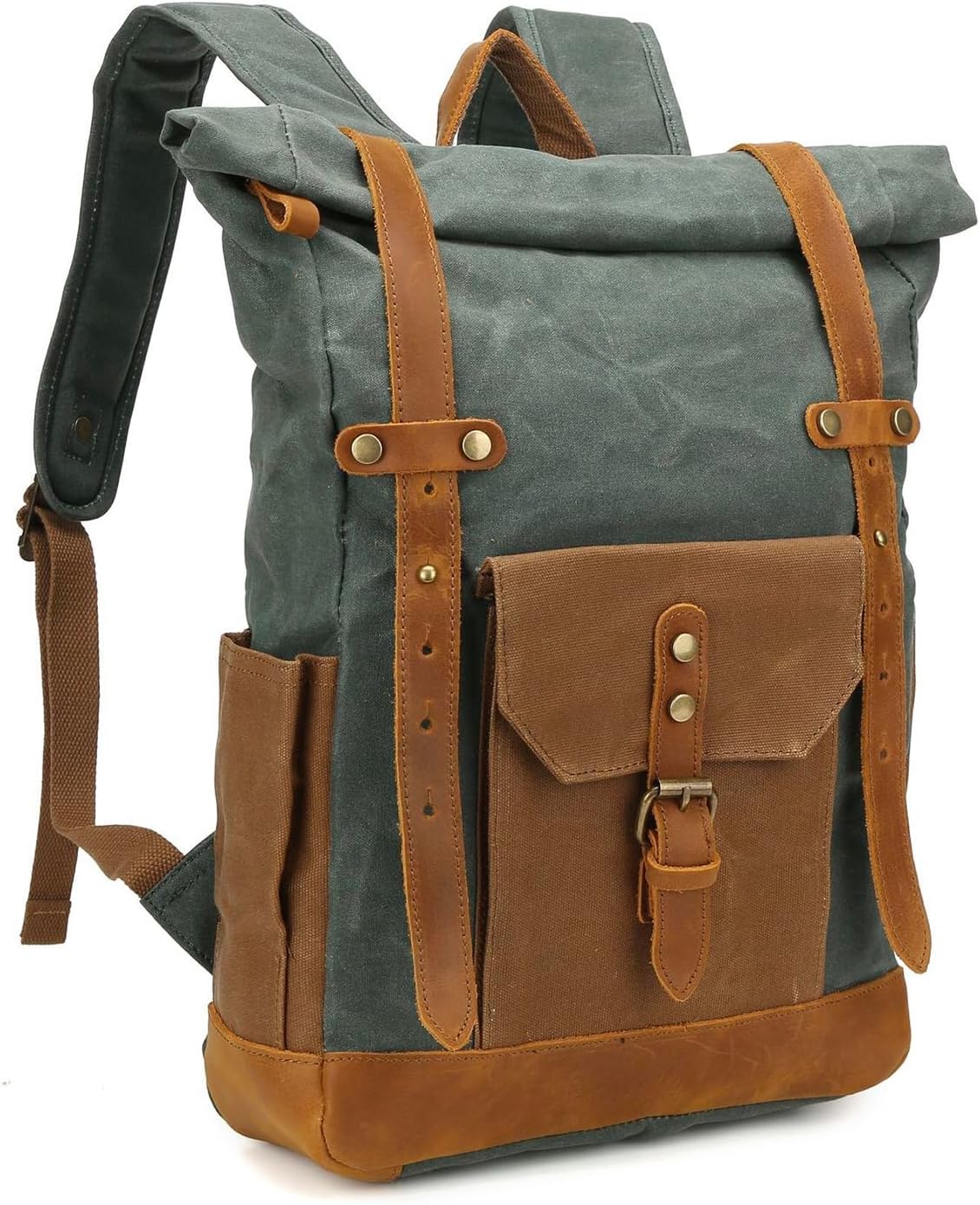 Waxed Canvas Leather Roll Top Backpack for 15.6 inch Laptop Men Travel Work