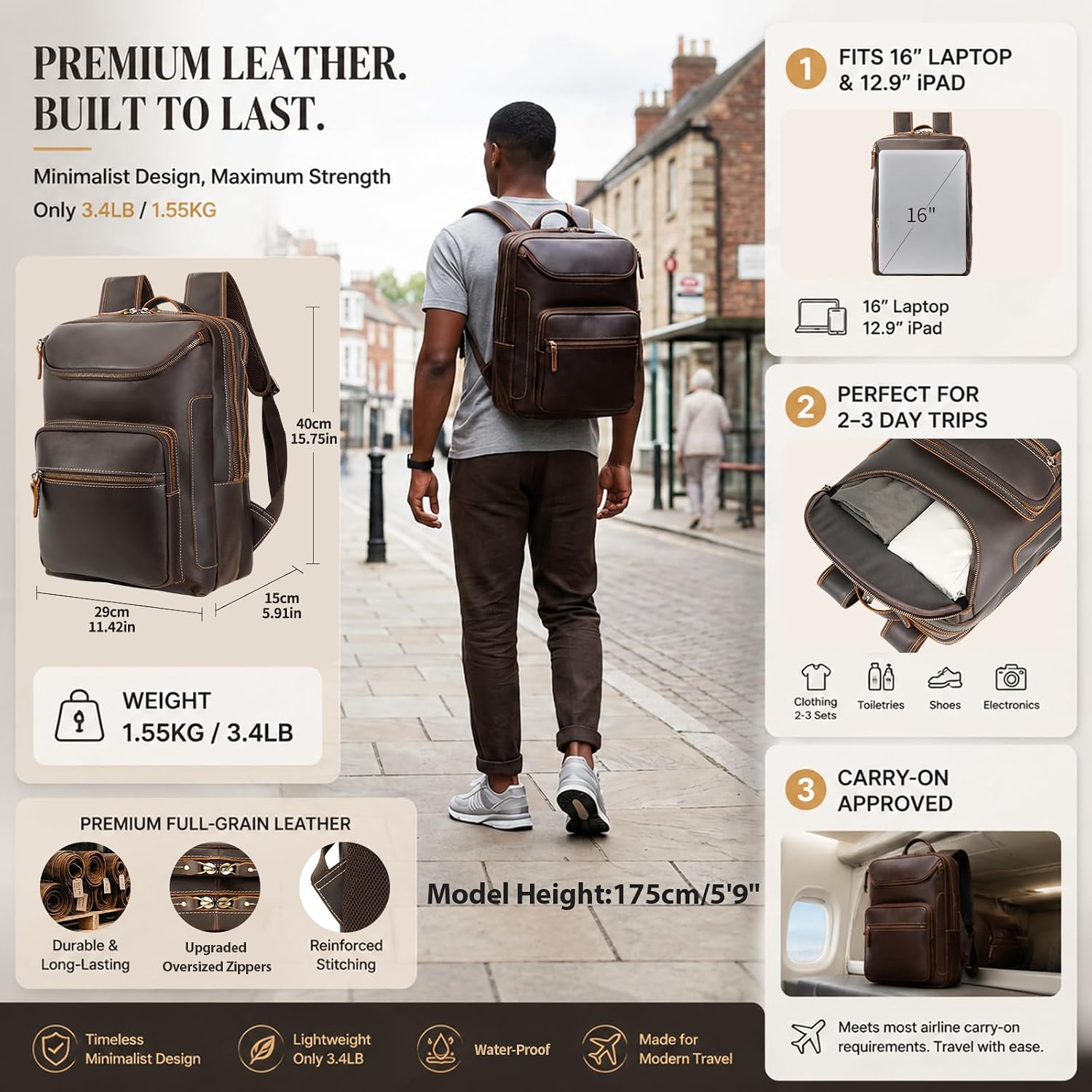 Vintage Leather Travel Backpack for Men, fits 16" Laptop, Brown - Image 2